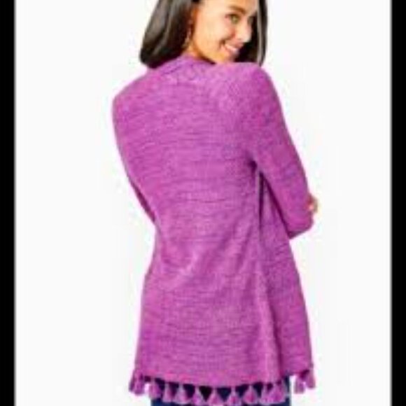 Lilly Pulitzer Tova Metallic Knit Cardigan Sweater w/ Tassels Purple Pink XL - Picture 2 of 13
